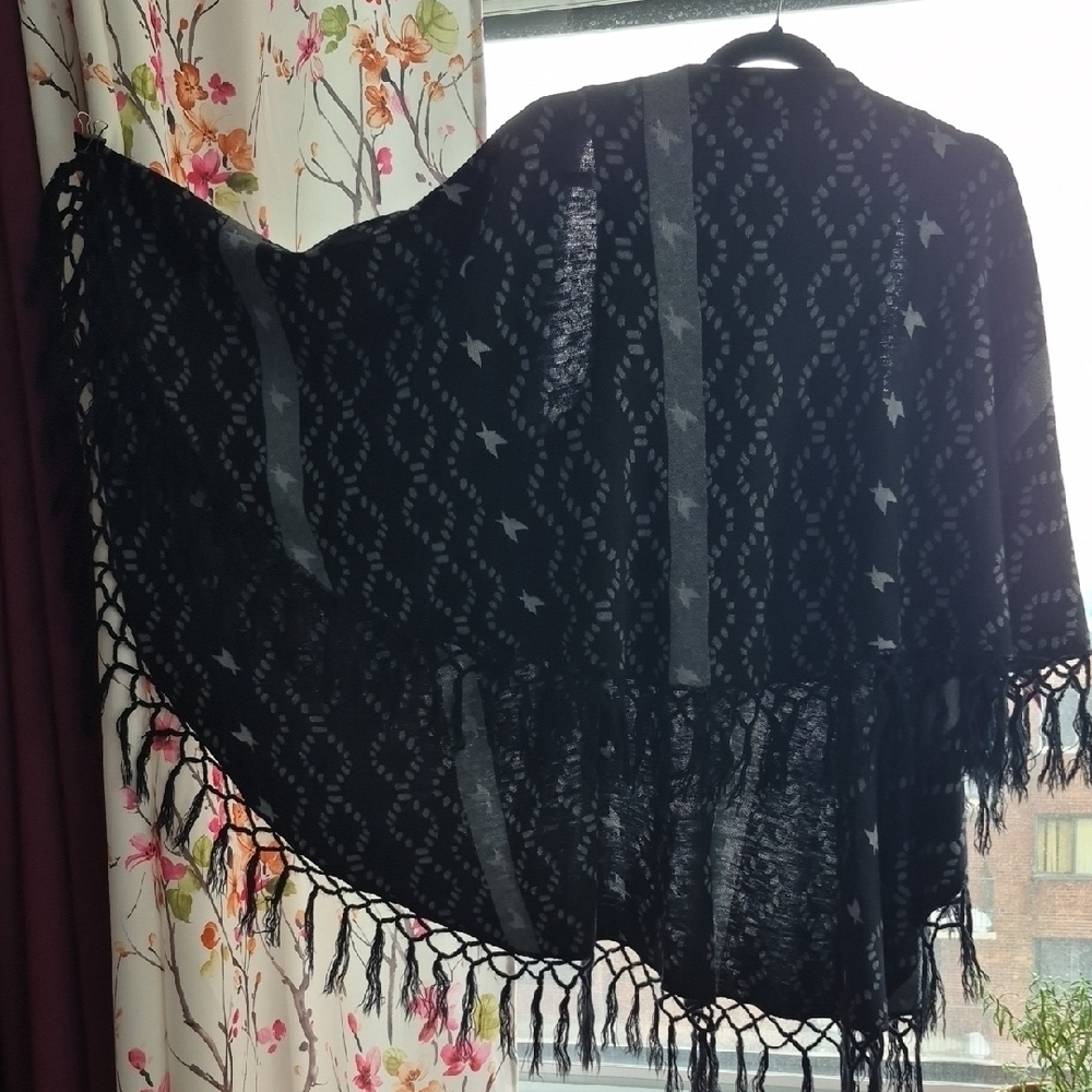 Unique  Stretchy Black Double Fringed Knit Women's Cardigan / Shawl (C38) - Picture 4 of 8